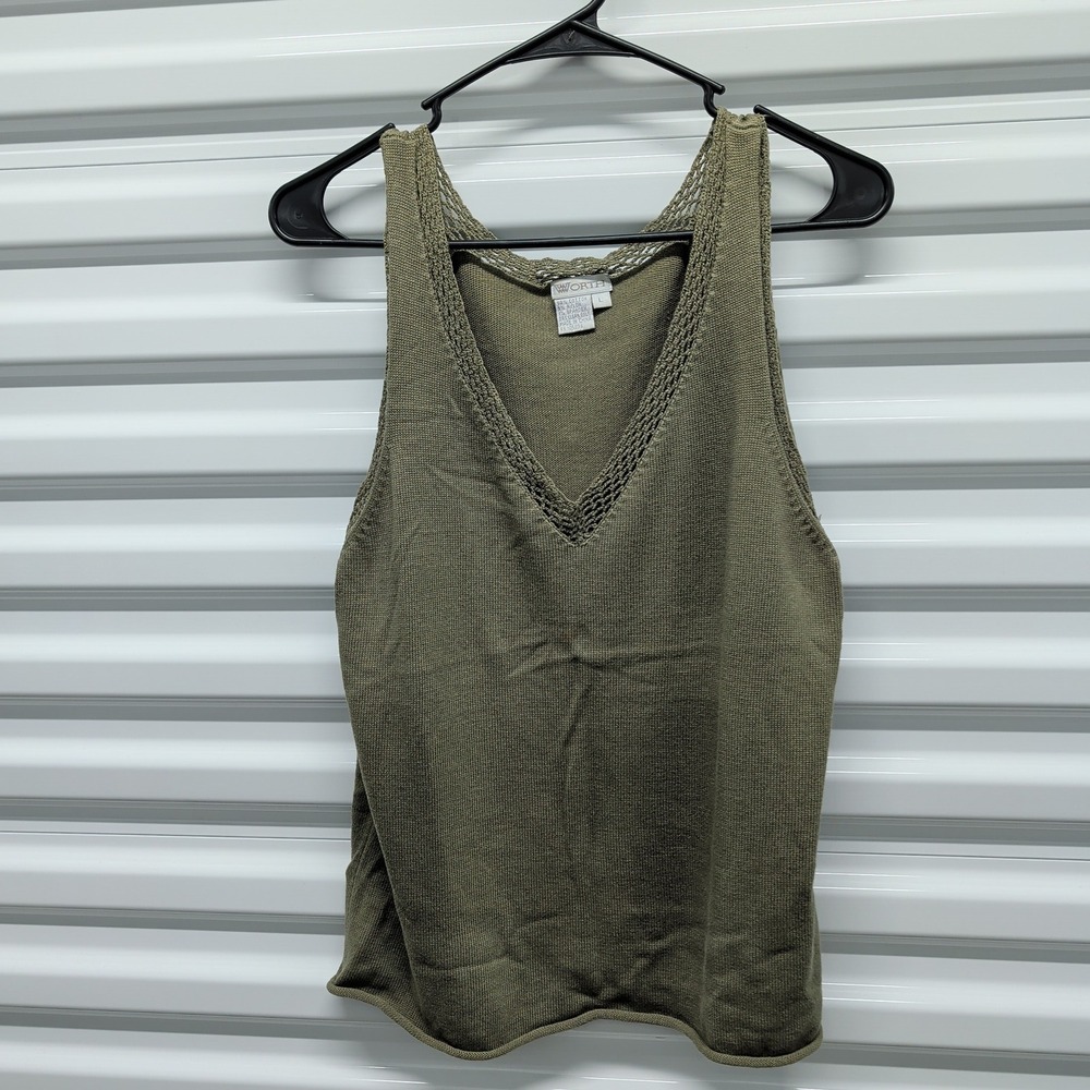 Worth New York Size L Women Olive Green Knit V-Neck Sleeveless Shell Top Crochet — photo 2